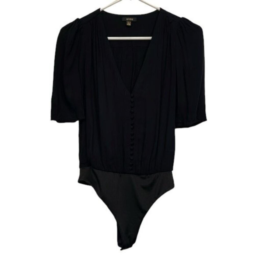 Women's AFRM Revolve Pleated V-Neck Black S/S Buttoned Blouse Bodysuit Size XS